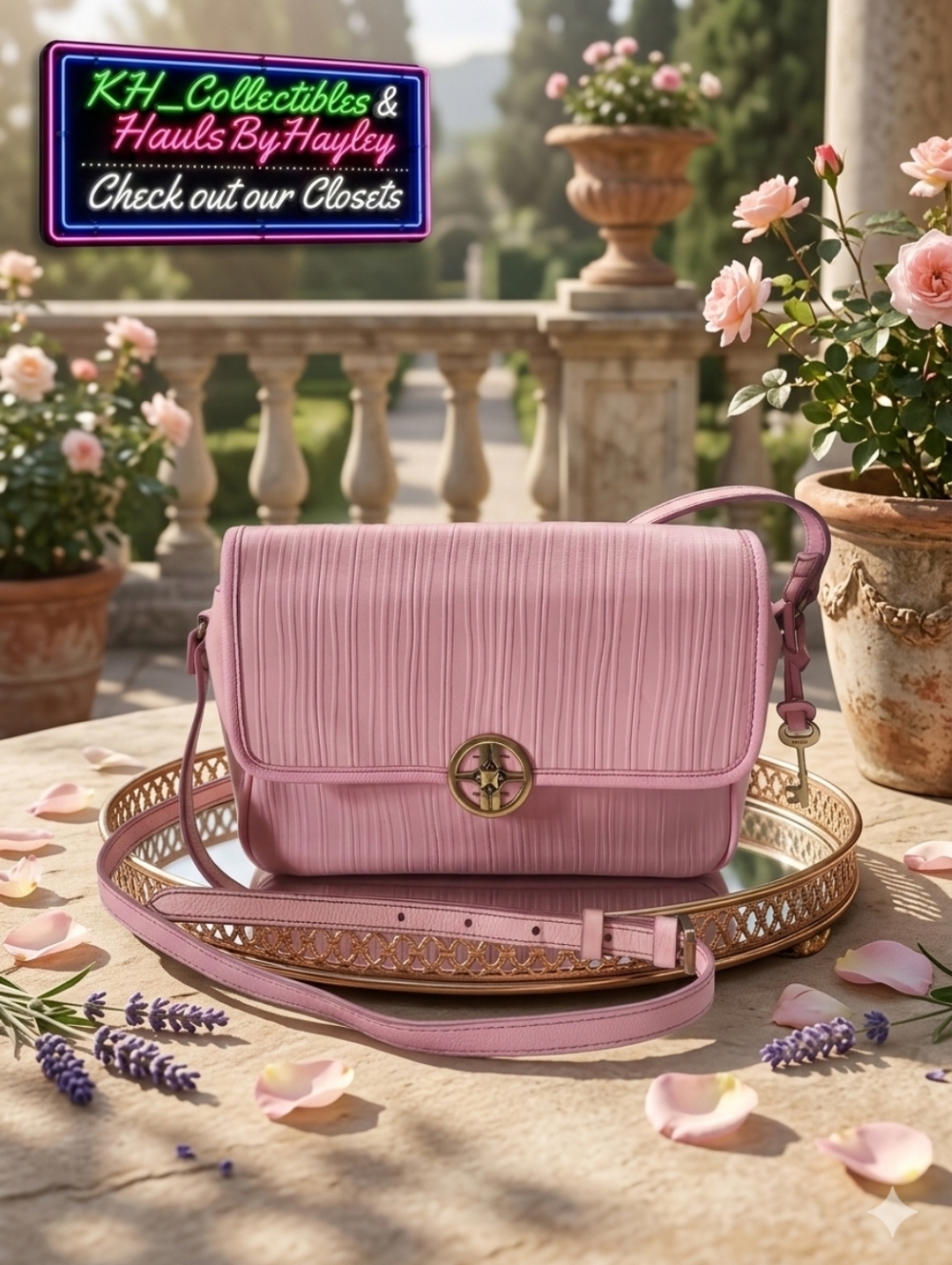 Fossil Pink Pleated Leather Turnlock Crossbody Bag W Fossil Key Charm
